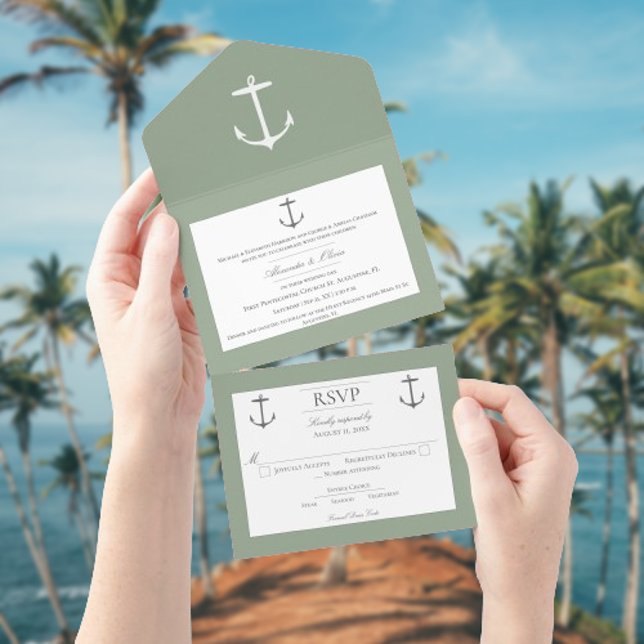 Einfache Nautic Anchor-Hochzeit | Sage Green All In One Einladung (Sage Green Nautical Anchor Wedding All in One Invitation)
