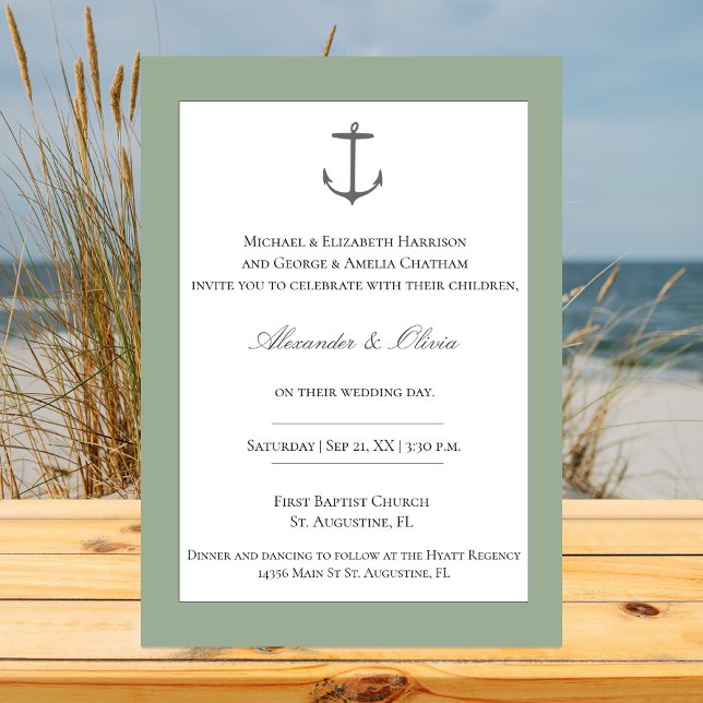 Einfache Nautic Anchor-Hochzeit | Sage Green Einladung (Sage Green Simple Nautical Anchor Wedding Invitation)