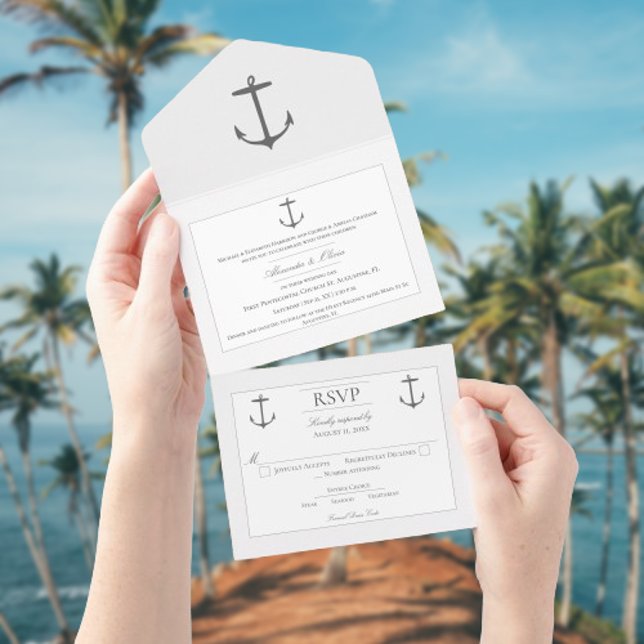 Einfache Nautic Anchor-Hochzeit | weiß All In One Einladung (White Nautical Anchor Wedding All in One Invitation)