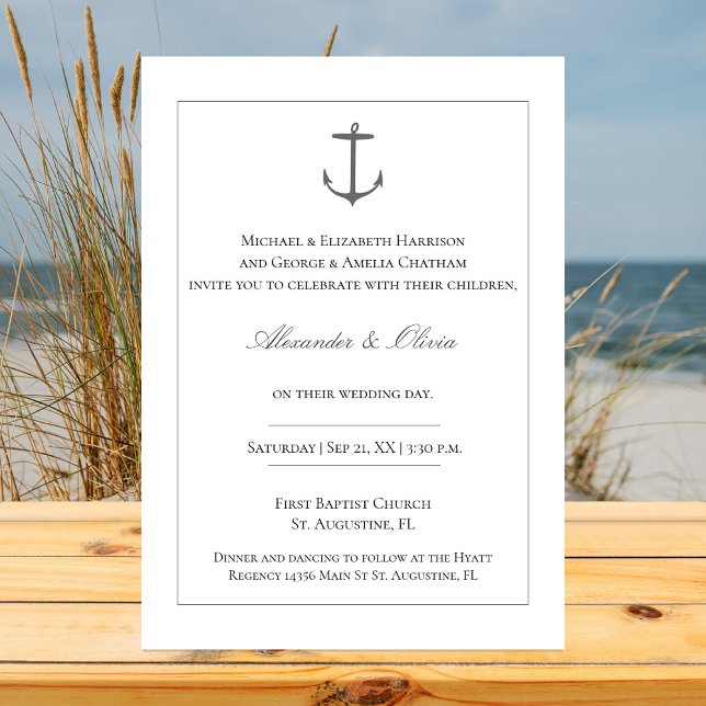 Einfache Nautic Anchor-Hochzeit | weiß Einladung (White Simple Nautical Anchor Wedding Invitation)