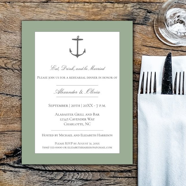 Einfache Nautic Anchor Probe Dinner Sage Green Einladung (Sage Green Simple Nautical Anchor Rehearsal Dinner Invitation)