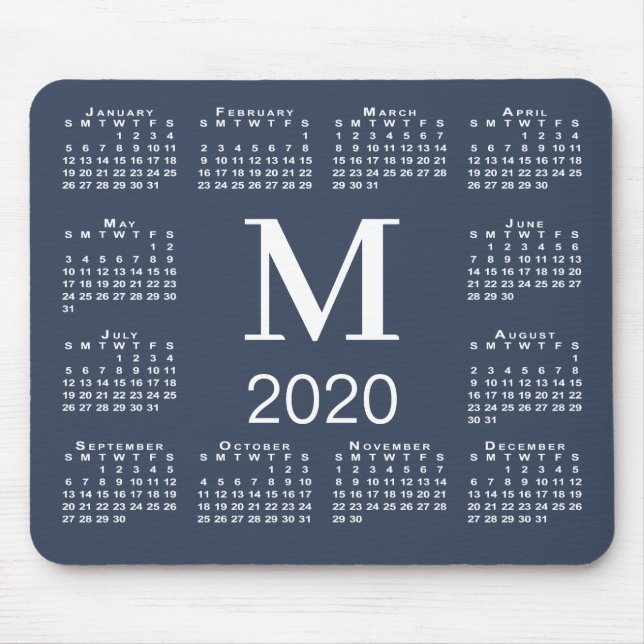 Einfache Navy Blue and White Monogram 2020 Kalende Mousepad (Vorne)