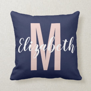 Einfache Navy Blue Blank Pink Handschrift Monogram Kissen