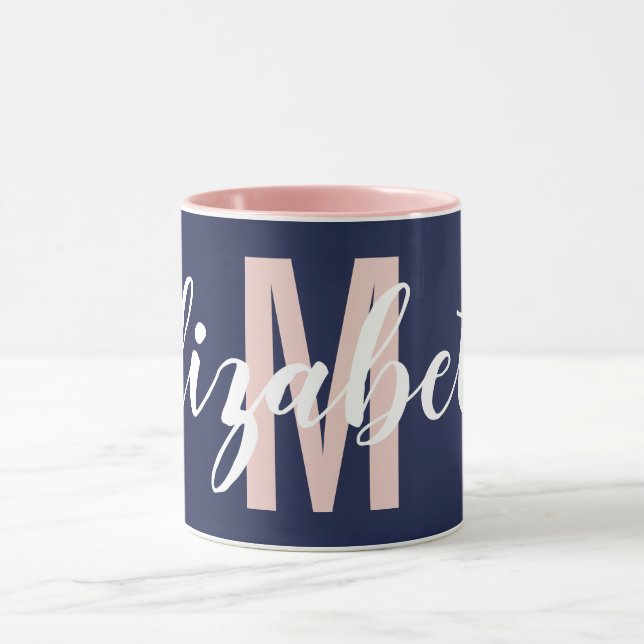Einfache Navy Blue Blank Pink Handschrift Monogram Tasse (Zentrum)