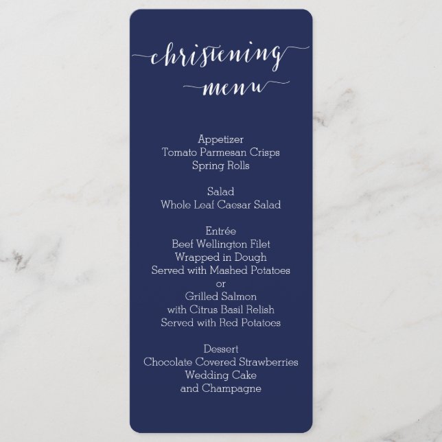Einfache Navy Blue Christening Menu Cards Menükarte (Vorderseite)
