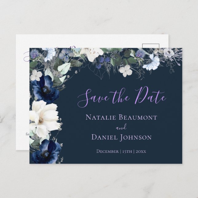 Einfache Navy Blue Floral Save the Date Einladungspostkarte (Vorne/Hinten)