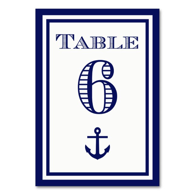 Einfache Navy Blue Gerahmt Ankertafel #6 Tischnummer (Vorderseite)