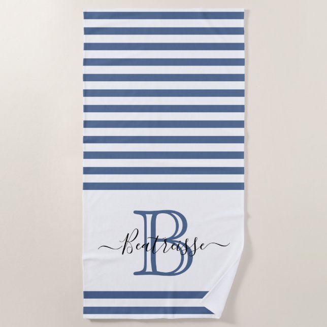 Einfache Navy Blue Line Nautical Monogram Initial Strandtuch (Vorderseite)