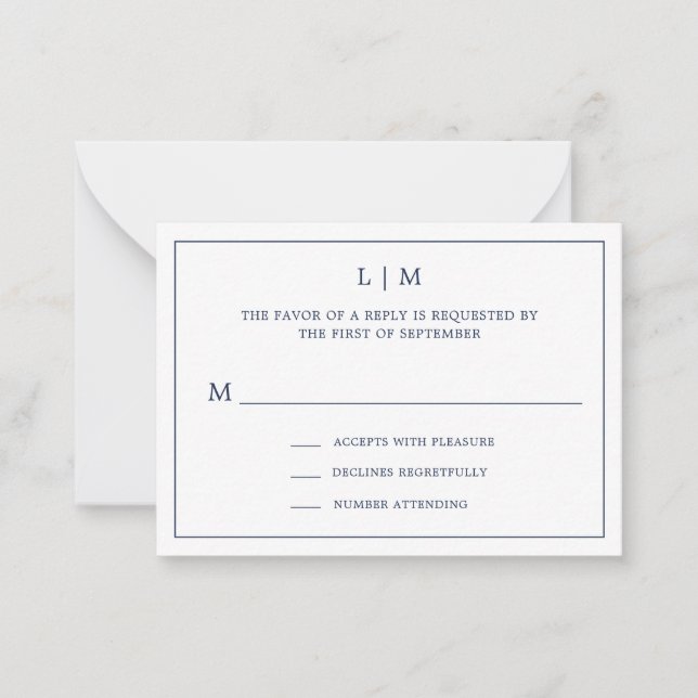 Einfache Navy Blue Monogram Mini Wedding RSVP Mitteilungskarte (Vorderseite)