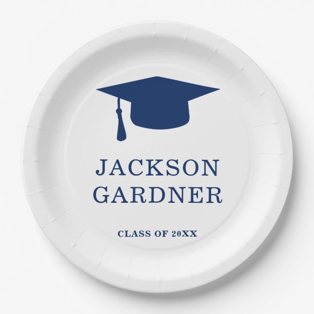 Einfache Navy Blue Mortar Board Moderner Abschluss Pappteller (Vorderseite)