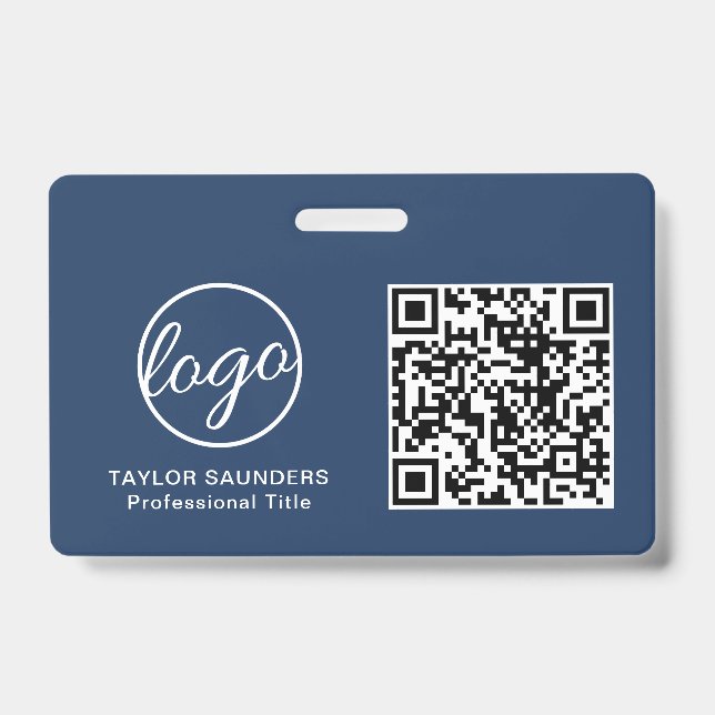 Einfache Navy Blue QR Code Mitarbeiter-ID Ausweis (Vorderseite)