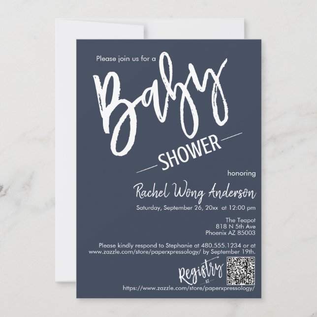 Einfache Navy Blue Script Baby Dusche QR Code Foto Einladung (Vorderseite)