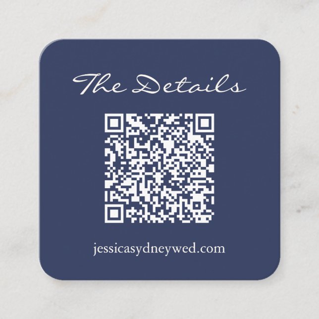 Einfache Navy Blue Script Hochzeitdetails QR Code Begleitkarte (Vorderseite)