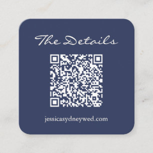 Einfache Navy Blue Script Hochzeitdetails QR Code Begleitkarte