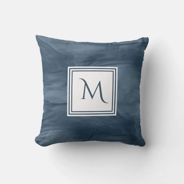 Einfache Navy Blue Subtle Marble Moderne Monogram Kissen (Vorderseite)