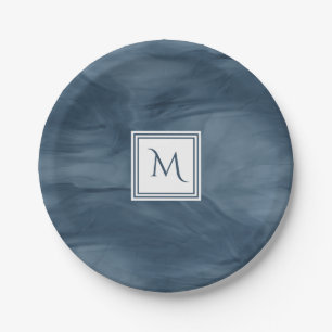 Einfache Navy Blue Subtle Marble Moderne Monogram Pappteller