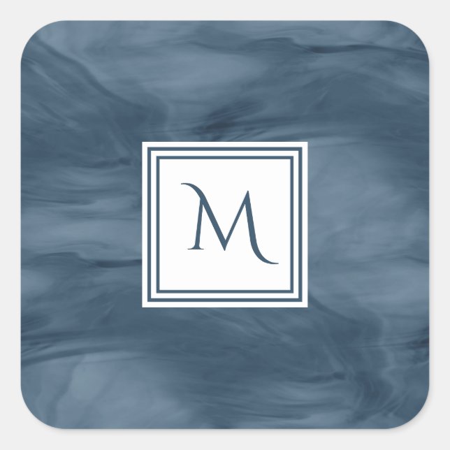 Einfache Navy Blue Subtle Marble Moderne Monogram Quadratischer Aufkleber (Vorderseite)