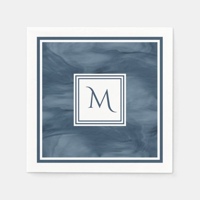 Einfache Navy Blue Subtle Marble Moderne Monogram Serviette (Vorderseite)