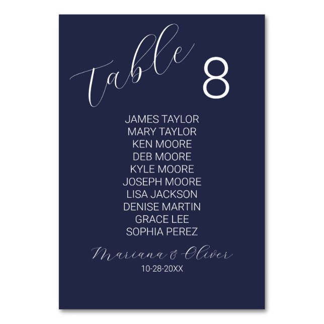 Einfache Navy Blue Tischnummer Card mit Namen (Vorderseite)