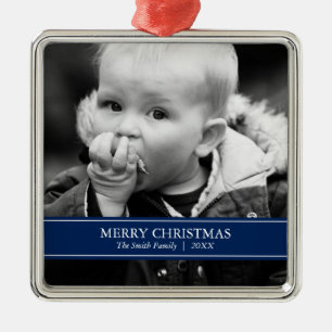 Einfache Navy Blue und White Custom Foto Christmas Silbernes Ornament
