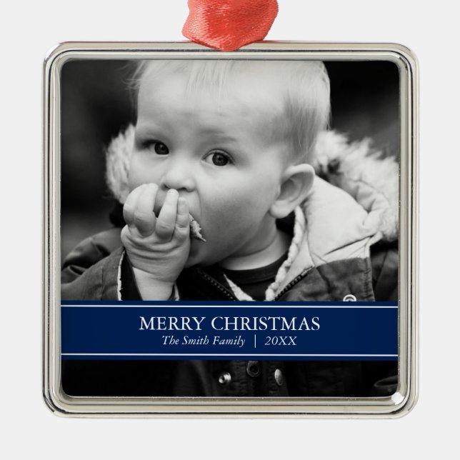 Einfache Navy Blue und White Custom Foto Christmas Silbernes Ornament (Vorne)