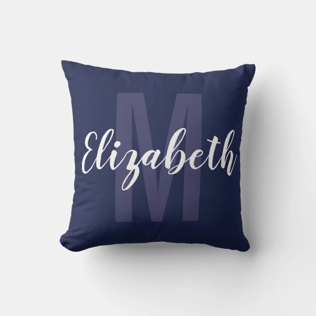 Einfache Navy Blue White Handschrift Monogramm Kissen (Vorderseite)