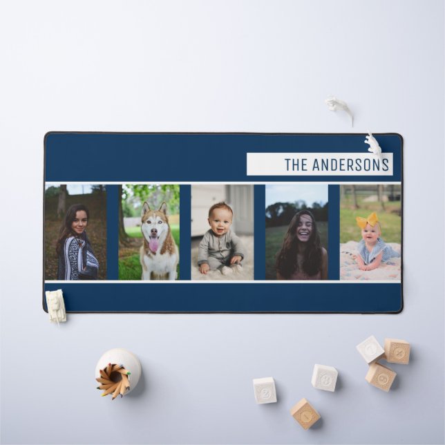 Einfache Navy Custom Family Five Foto Collage Schreibtischunterlage (Kindertisch)