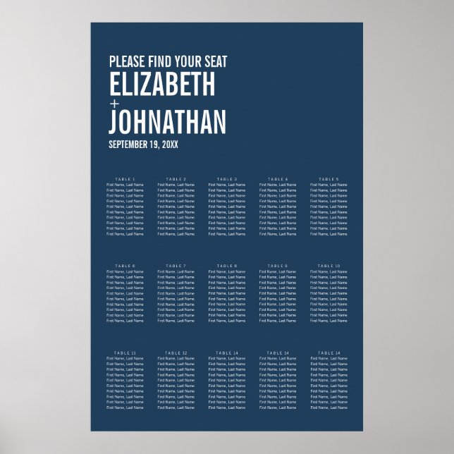 Einfache Navy-Typografie-Hochzeitstabelle Poster (Vorne)