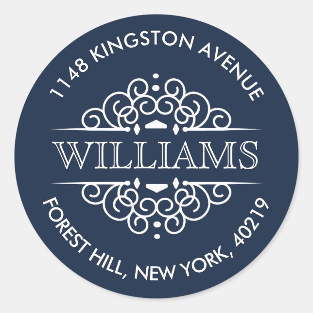 Einfache Navy & White Verzierte kundenspezifische  Runder Aufkleber (Vorderseite)