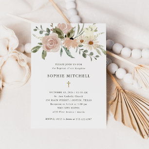 Einfache neutrale Boho-Blume Taufe Einladung