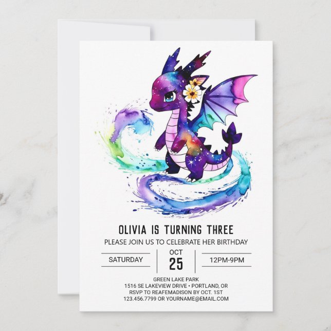 Einfache Niedliche Dragon Digital Girl Geburtstag Einladung (Vorderseite)