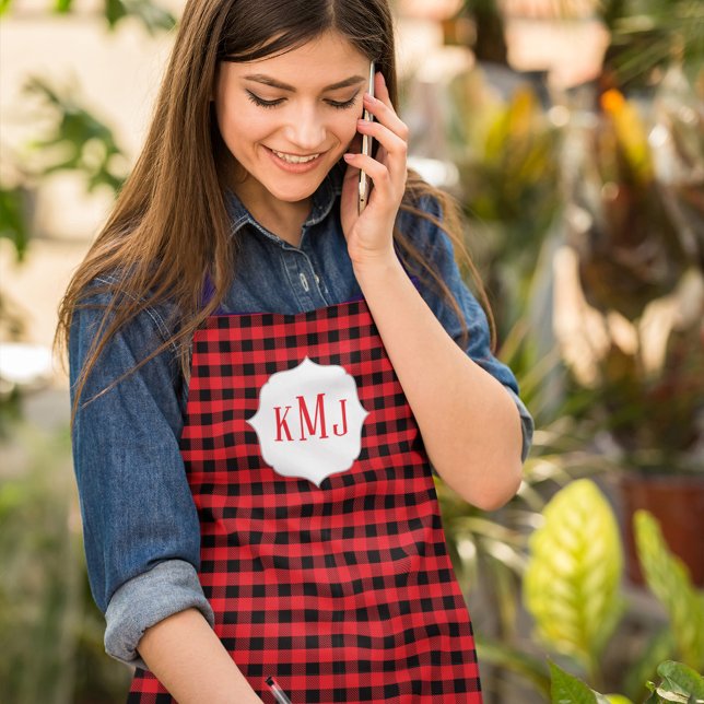 Einfache Niedliche Monogram Red Black Buffalo Karo Schürze (Black and red buffalo check pattern apron with whimsical monogram)