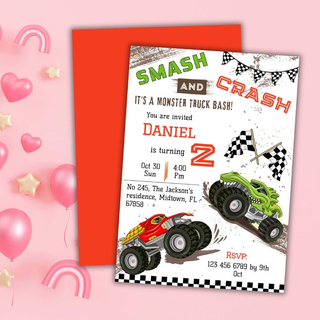 Einfache niedliche Monster LKW Kind 2. Geburtstag Einladung (Von Creator hochgeladen)
