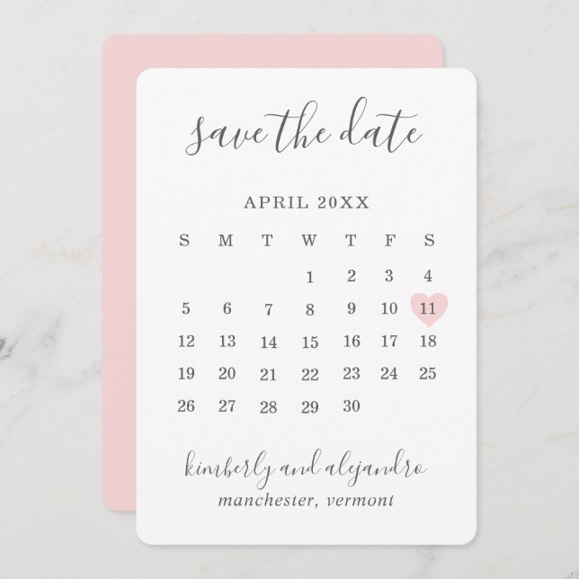 Einfache Niedliche Pink Heart Calender Wedding Save The Date (Vorne/Hinten)