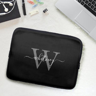 Einfache Niedliche Schwarz-Weiß-Monogramm-Bezeichn Laptopschutzhülle