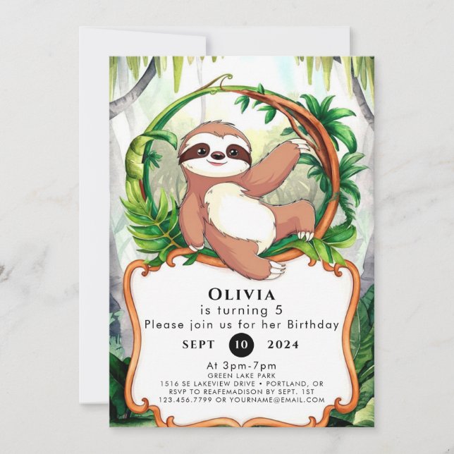 Einfache Niedliche Sloth Birthday Einladung (Vorderseite)