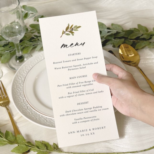 Einfache Olive Branch Calligraphy Wedding Menu Menükarte (Von Creator hochgeladen)