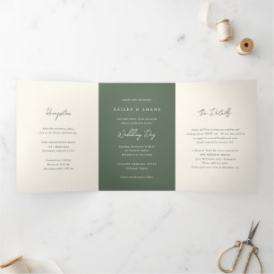 Einfache Olive Green Moderne Hochzeit Dreifach Gefaltete Einladung