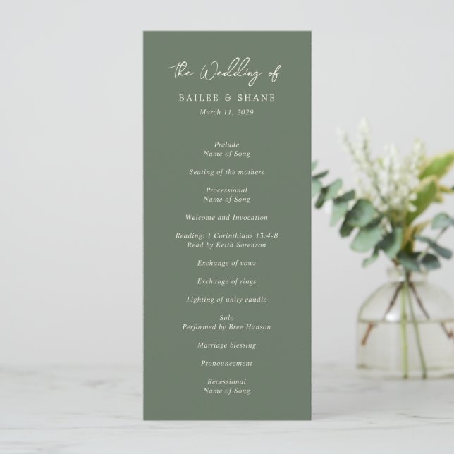 Einfache Olive Green Moderne Hochzeit Programm (Stehend Vorderseite)