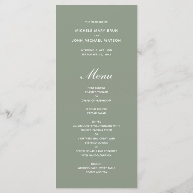 Einfache Olive Green Wedding Menu Cards Programm (Vorderseite)
