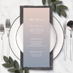 Einfache Ombre Blush Pink & Dusty Blue Wedding Men Menükarte<br><div class="desc">Einfache Ombre Blush Pink & Dusty Blue Hochzeit Rezeption Abendessen Menü. Diese moderne schicke Menu-Karte ist einfach klassisch und elegant mit einem subtilen ombre-Farbverlauf und einem hübschen Signatur-Script-Kalligraphie-Schriftart mit Schwänzen. Im neuen Farbraum gezeigt. Erhältlich in mehreren Farboptionen, oder fühlen Sie sich frei, die Farben aus dem Editor zu bearbeiten (klicken...</div>
