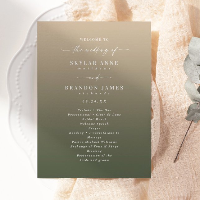 Einfache Ombre Dark Green & Gold Hochzeit Zeremoni Programm (Von Creator hochgeladen)