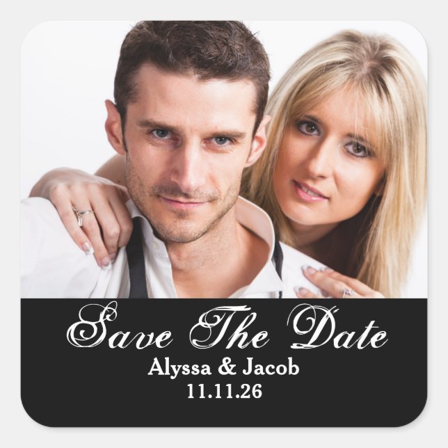 Einfache Paare Foto Save the Date Hochzeitsplatz Quadratischer Aufkleber (Vorderseite)