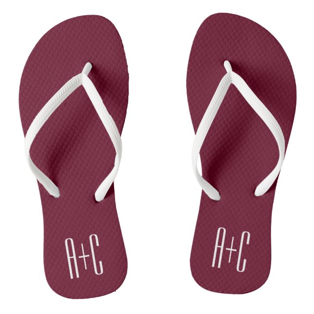 Einfache Paare Initialen | White & Burgund Flip Flops (Fußbett)
