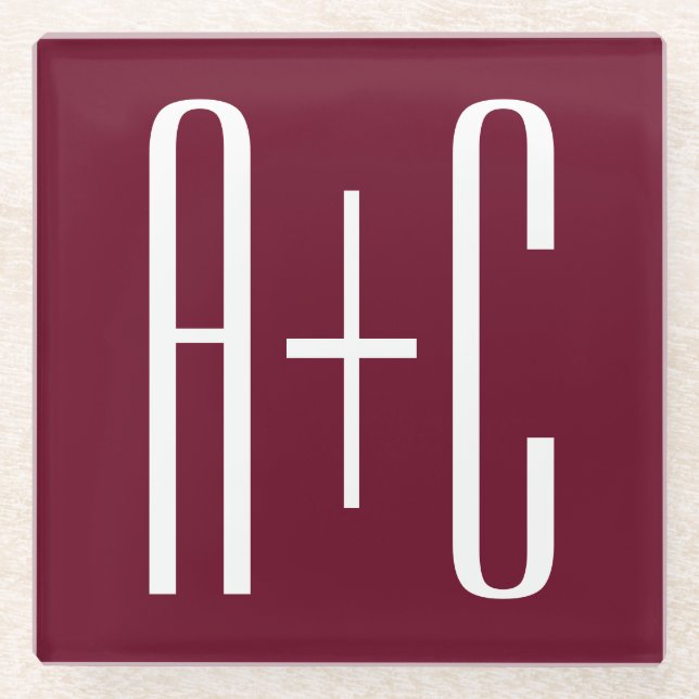 Einfache Paare Initialen | White & Burgund Glasuntersetzer (Vorderseite)