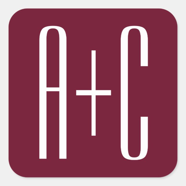 Einfache Paare Initialen | White & Burgund Quadratischer Aufkleber (Vorderseite)