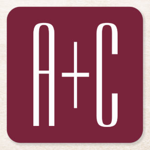 Einfache Paare Initialen   White & Burgund Rechteckiger Pappuntersetzer