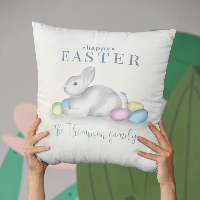 Einfache Pastel Happy Osterfest Bunny Niedlich Cla Kissen (Cute Easter bunny Happy Easter typography throw pillow. )