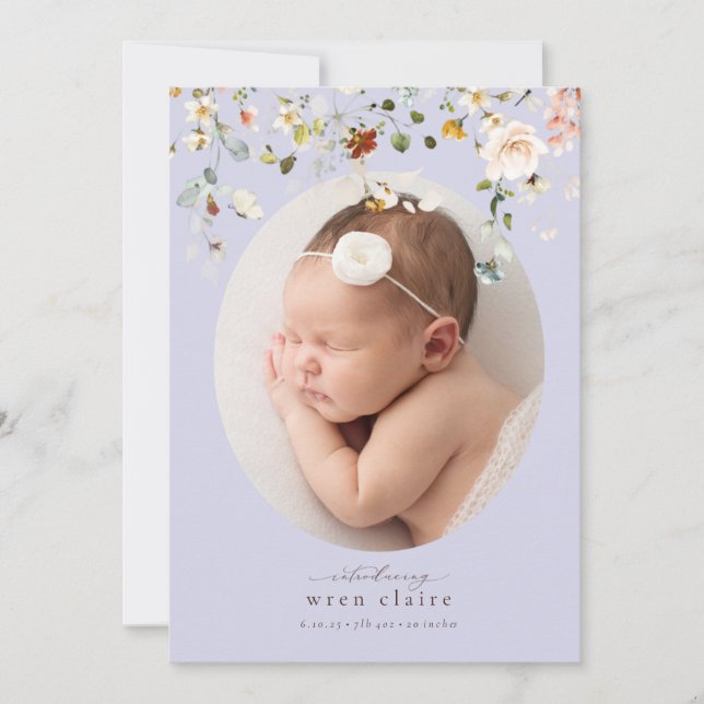 Einfache Pastel Lila Blumengeburt Ankündigung (Vorderseite)