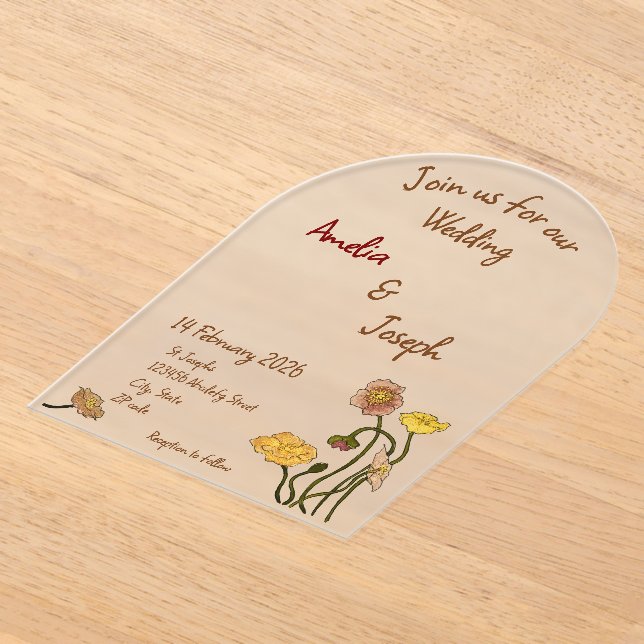 Einfache Pastel Minimal Poppy Wasserfarbenhochzeit Acryleinladungen (Ablage )